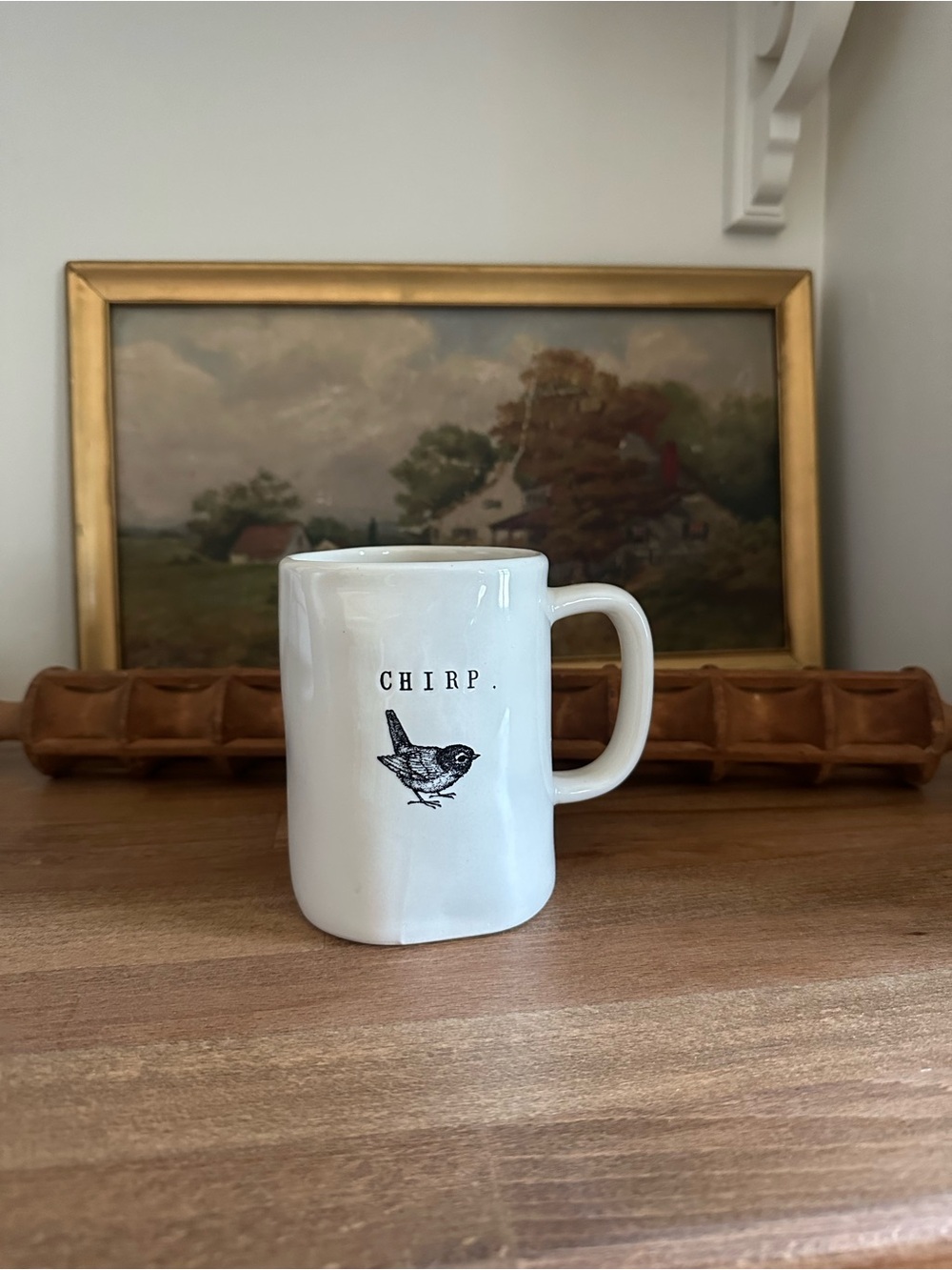 Rae Dunn CHIRP Ceramic Bird Mug - White with Black Print